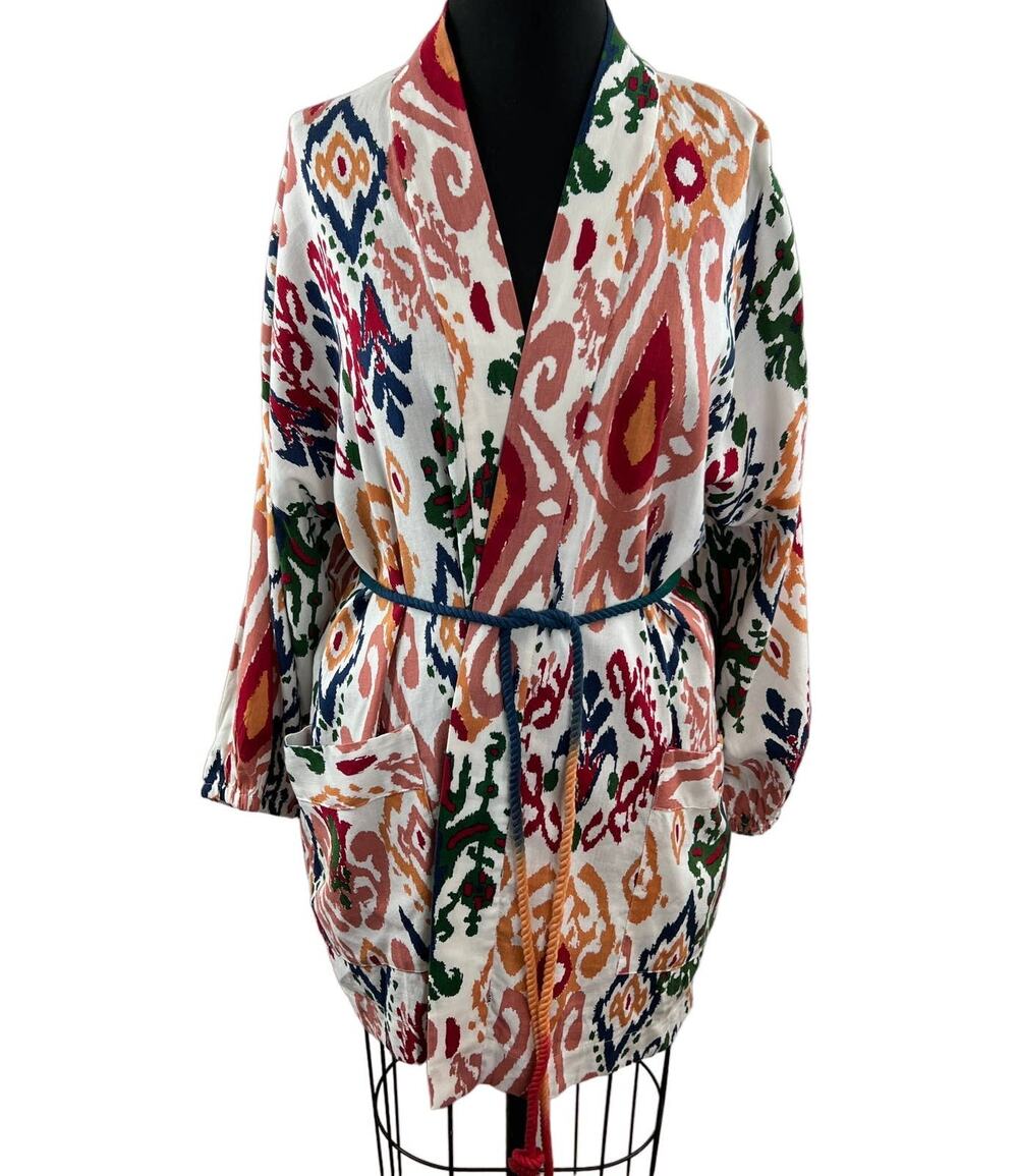 ZARA Multicolor Long Sleeve Belted Waist The Hanoi Kimono w/ Pockets L Large NEW